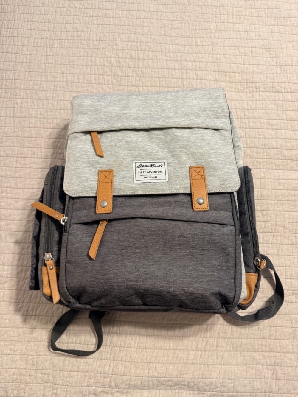 Eddie Bauer Heather Gray and Charcoal Diaper Bag with Tan Accents